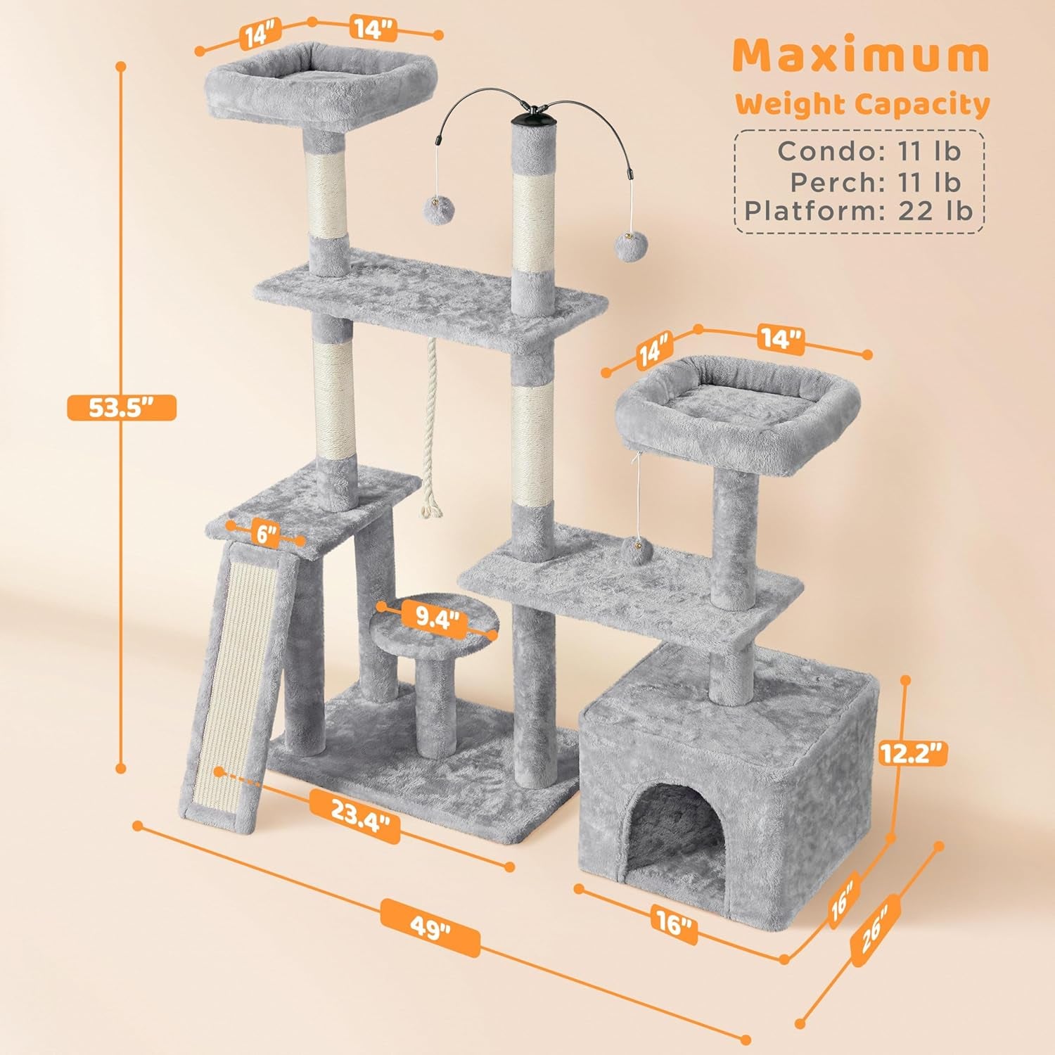 Rotatable Cat Tree 53.5In Multi-Level Cat Tower for Indoor Kittens/Large Cats, Pet House with Scratching Posts,Climbing Furniture Play Center, Light Gray