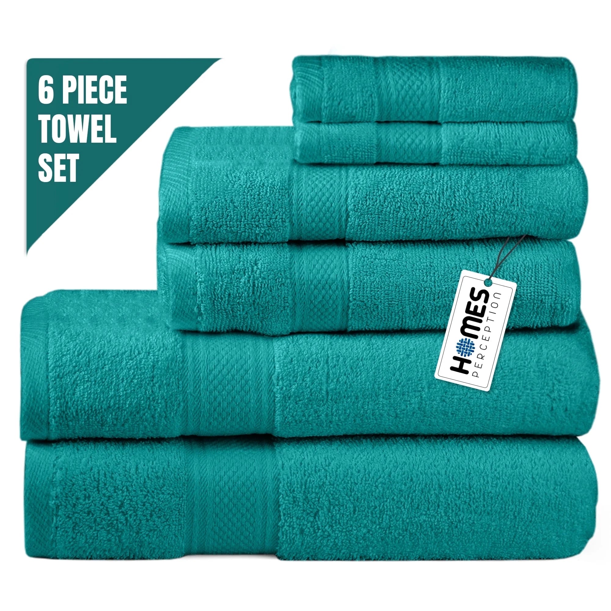 6-Pack Solid Print 2 Bath Towels, 2 Hand Towels and 2 Washcloths - Teal
