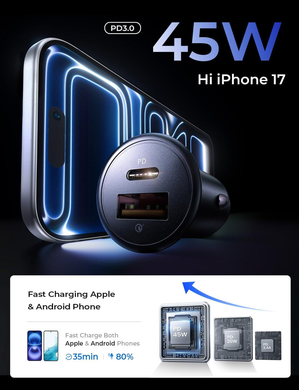 67.5W Super Mini Car Charger USB C 45W PD&QC 3.0 Fast Charging for Iphone 17 Pro Max Air 16 15 14 13, Samsung Galaxy S25,Android, All Metal Cigarette Lighter Adapter Car Charger Adapter Outlet