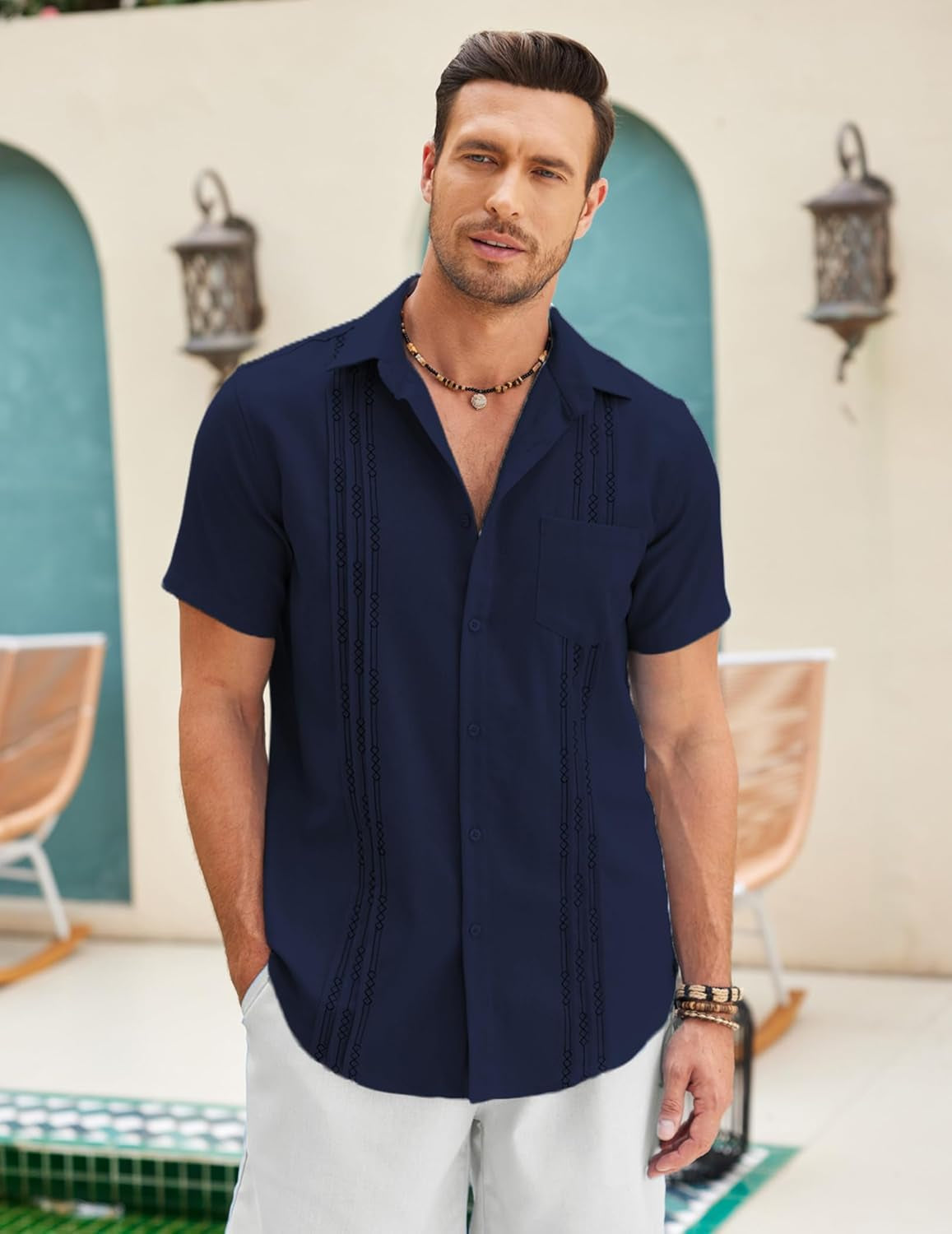 Elevate Your Summer Style with Our Men's Linen Cuban Short Sleeve Beach Shirt in Vibrant Blue