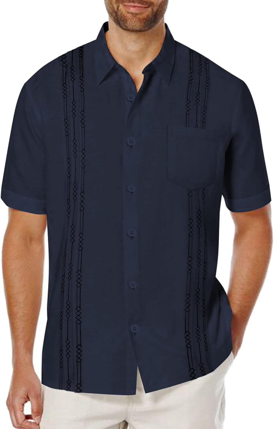 Elevate Your Summer Style with Our Men's Linen Cuban Short Sleeve Beach Shirt in Vibrant Blue