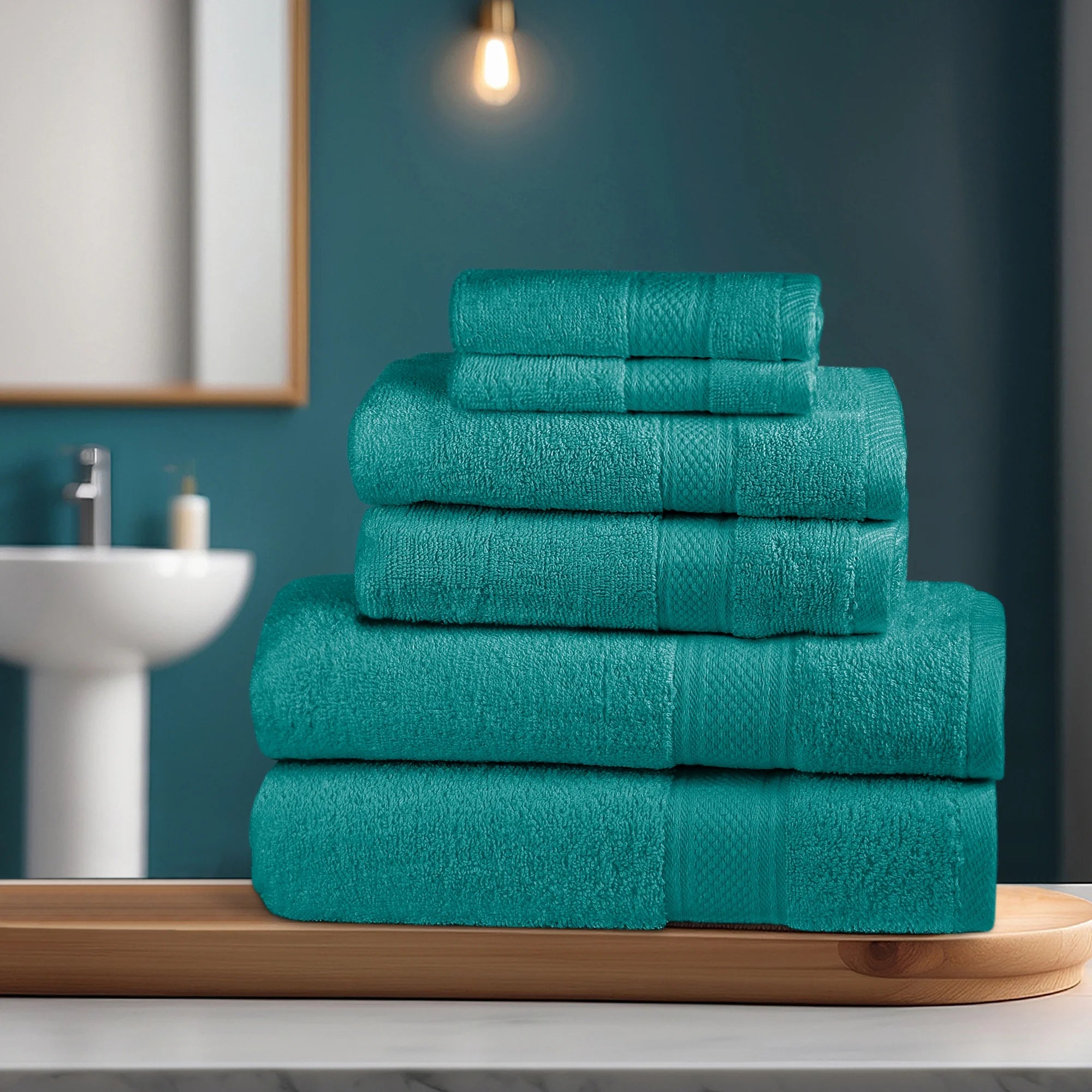 6-Pack Solid Print 2 Bath Towels, 2 Hand Towels and 2 Washcloths - Teal