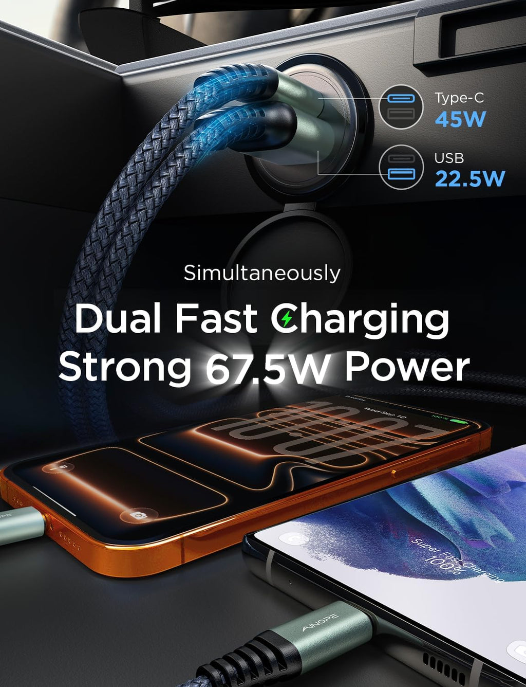 67.5W Super Mini Car Charger USB C 45W PD&QC 3.0 Fast Charging for Iphone 17 Pro Max Air 16 15 14 13, Samsung Galaxy S25,Android, All Metal Cigarette Lighter Adapter Car Charger Adapter Outlet